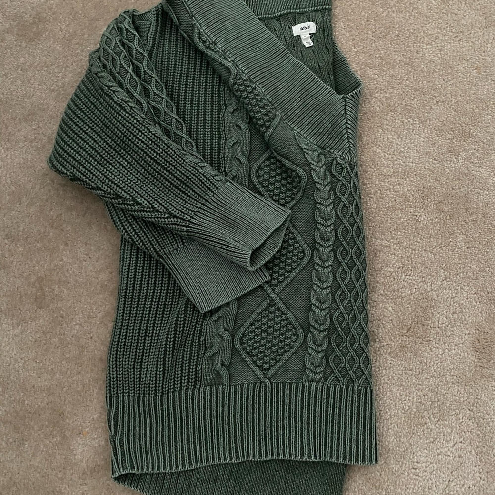 Aerie Olive Green Cable V-Neck Sweater